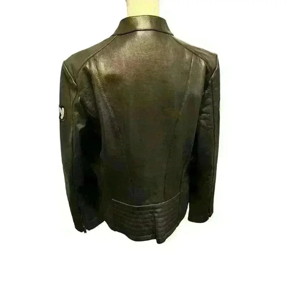 DKNY Women's Large Genuine Leather Biker Jacket Black with Patches Full Zipper - Picture 3 of 10